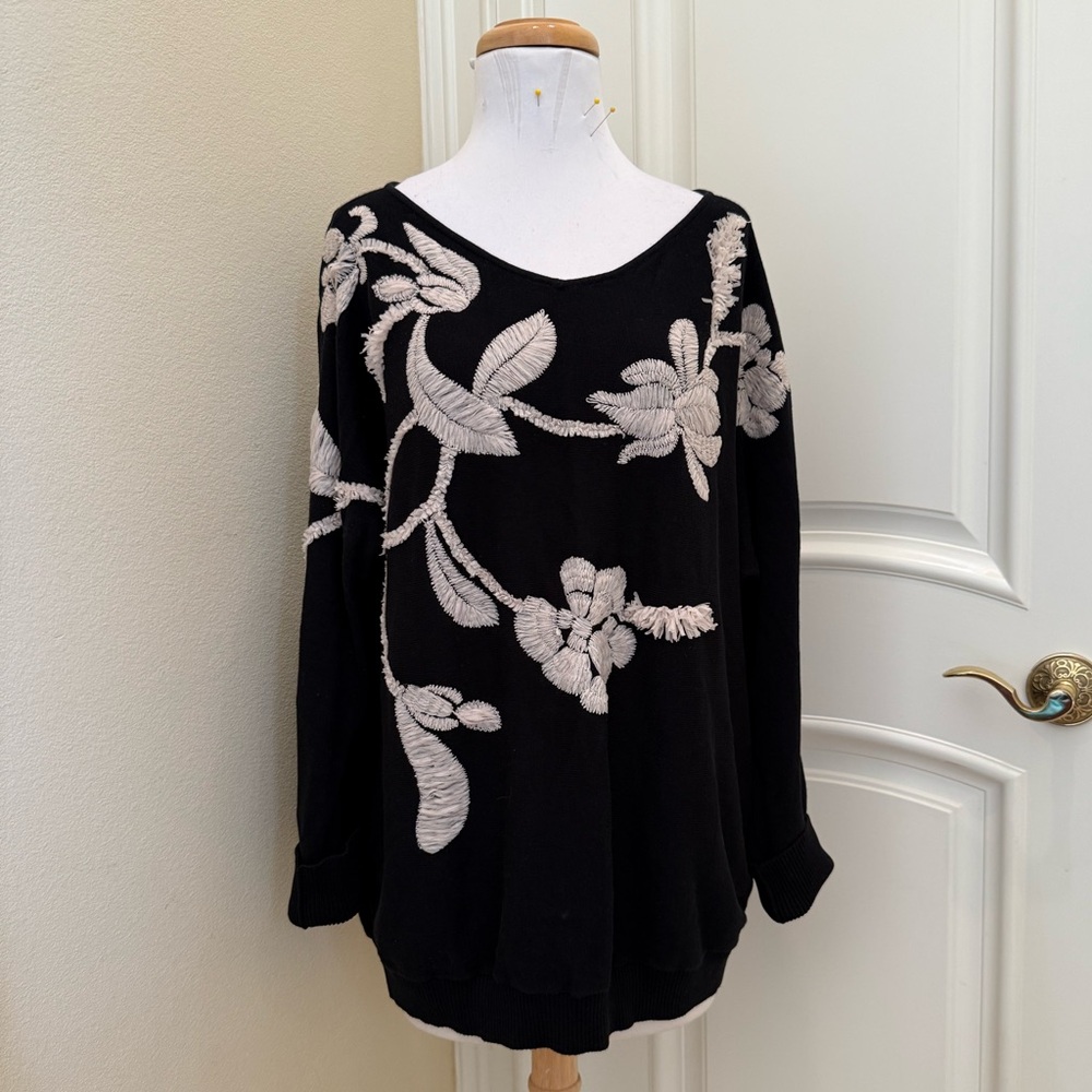 NWOT Chico's Black Sweater with Cream Floral Design